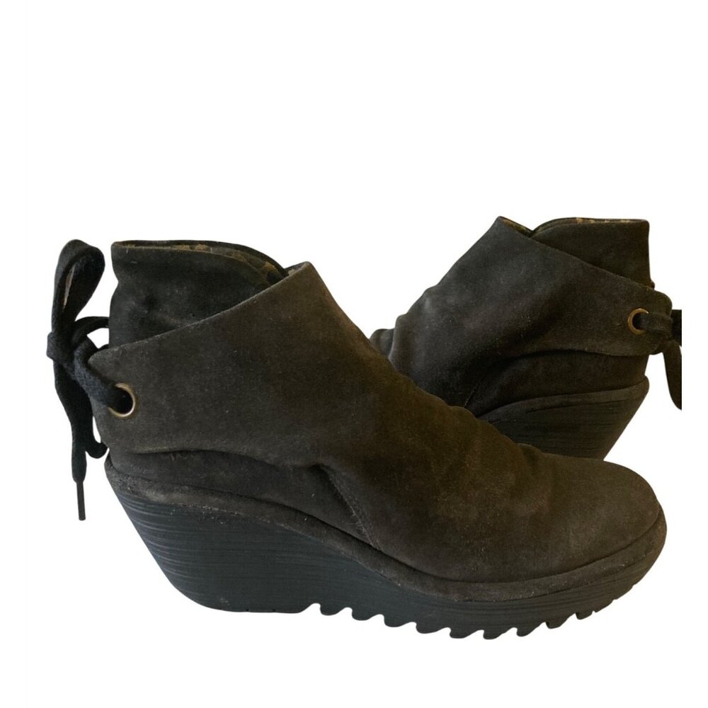 Womens Fly London Yama Pull On Suede Wedge Bootie 39 8 - 8.5" Gray Brown Tie Bac